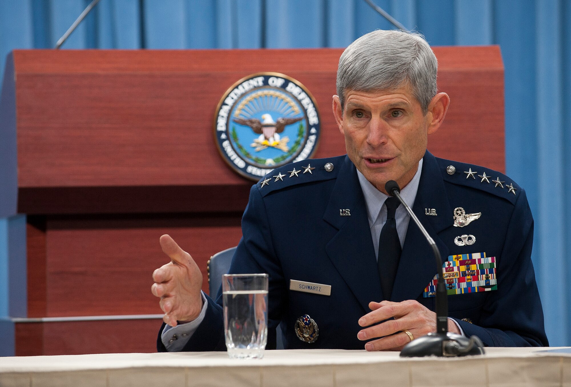 Air Force Chief of Staff Gen. Norton Schwartz responds to questions in the Pentagon on July 24, 2012, during a media availability to discuss Air Force accomplishments during his time as Chief of Staff.  (U.S. Air Force photo/James Varhegyi)