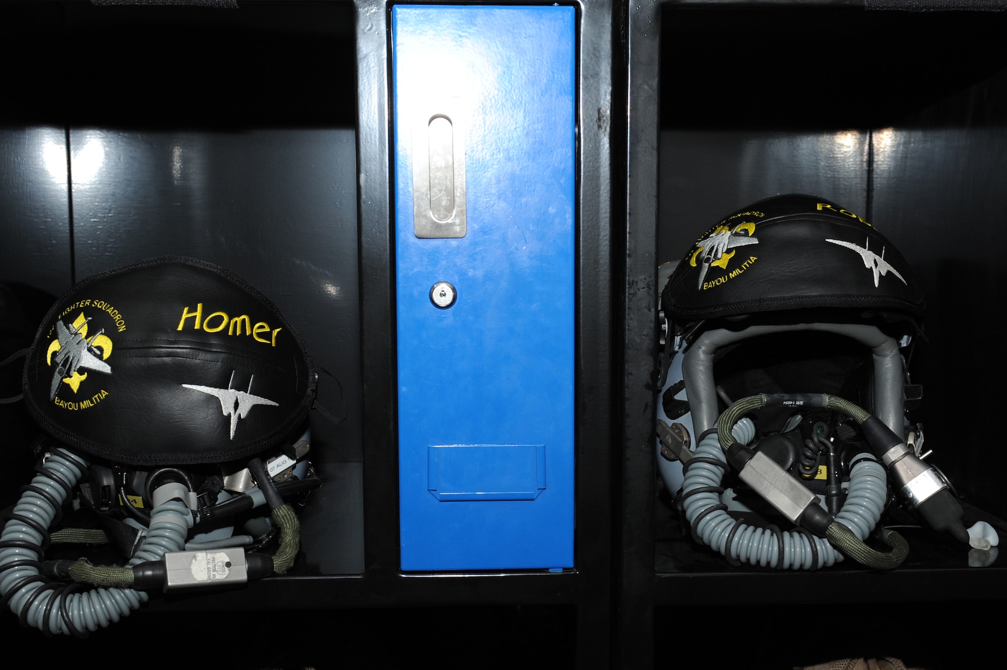 SOUTHWEST ASIA - Helmets sit at the ready in the 122nd Expeditionary Fighter Squadron aircrew flight equipment section July 30, 2012. The AFE section ensures gear such as flight helmets are ready to go at all times. (U.S. Air Force photo/Master Sgt. Scott MacKay)
