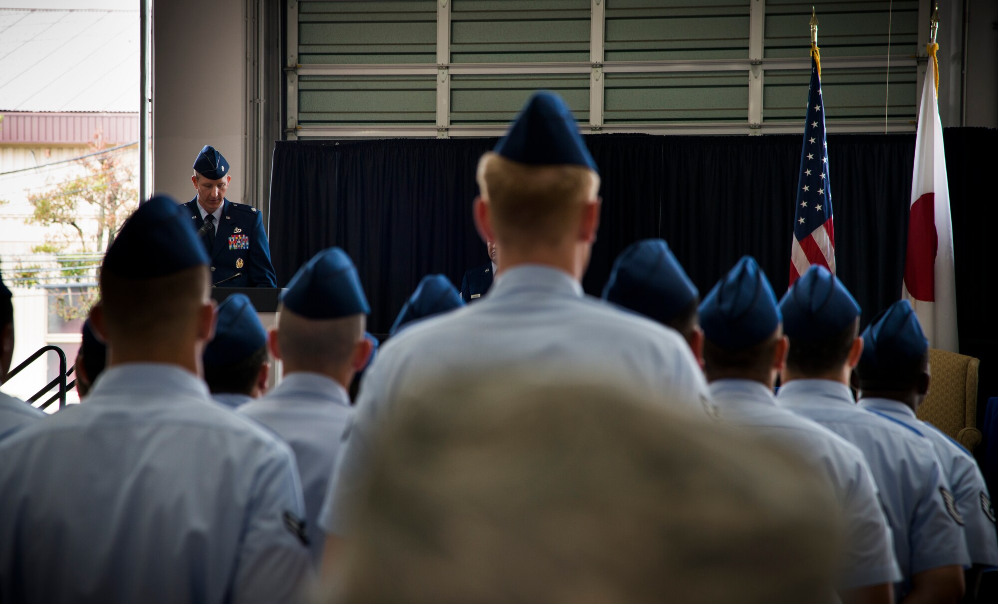 YOKOTA AIR BASE, Japan -- Lt. Col. Christoff Gaub, 374th Civil Engineer Squadron commander, addresses his squadron for the first time during the 374 CES change of command ceremony July 30, 2012, at Yokota Air Base, Japan. Gaub took command of the squadron from the previous commander, Lt. Col. Wade Rawlins. (U.S. Air Force photo by Tech. Sgt. Samuel Morse)