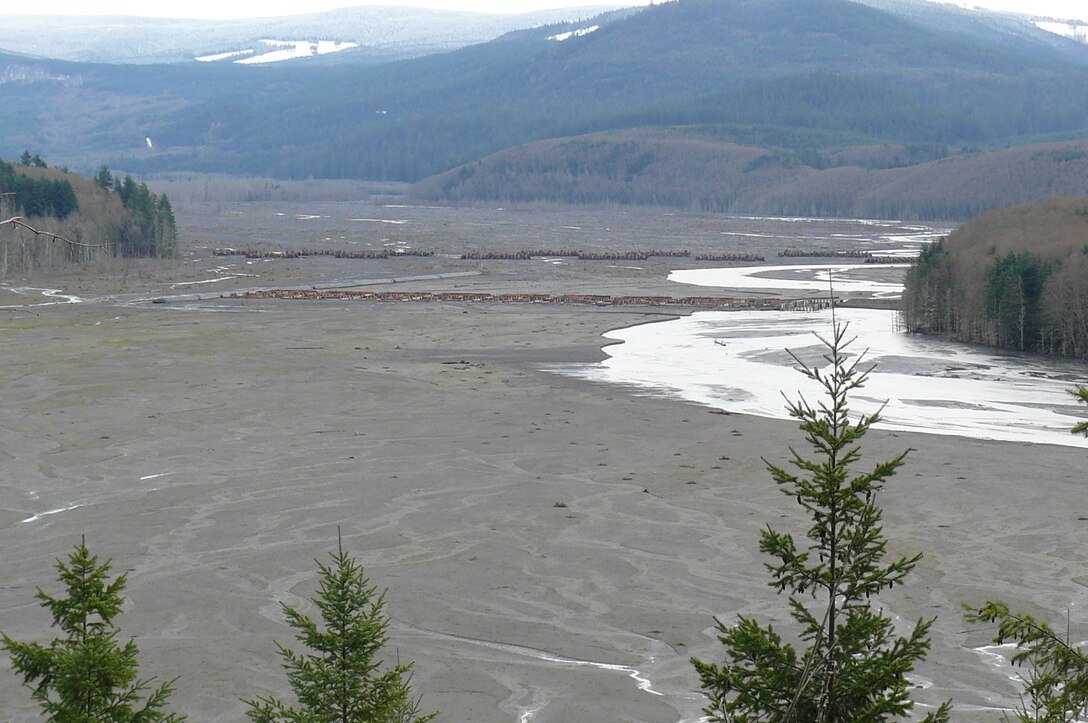 The Mount St. Helens sediment control structure was constructed upstream of the Sediment Retention Structure on the North Fork Toutle River in Washington.