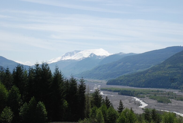 Mount St. Helens and the upper North Fork of the Toutle River in Washington.