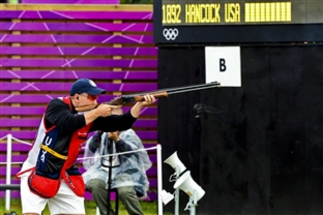 U.S. Army World Class Athlete Program rifle shooter Sgt. Vincent Hancock won the Olympic gold medal in men's skeet after competing at the Royal Artillery Barracks in London during the 2012 Summer Olympics, July 31, 2012. He is the first skeet shooter to win consecutive Olympic gold medals in the sport; he earned a gold medal in the 2008 Summer Olympic Games in Beijing. The 23-year-old Hancock is assigned to the U.S. Army Marksmanship Unit.
