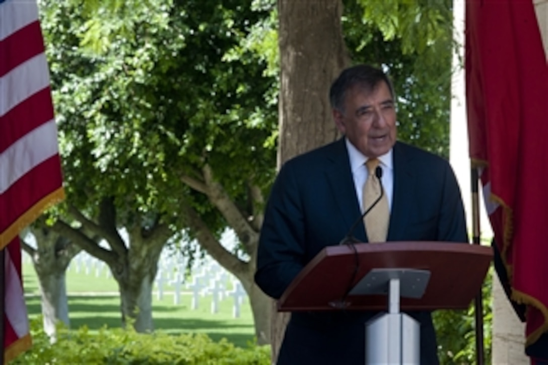 Secretary of Defense Leon E. Panetta speaks after a wreath laying ceremony at the North Africa American Military Cemetery in Tunis, Tunisia, on July 30, 2012.  Panetta is on a 5-day trip to the region, stopping in Tunisia, Egypt, Israel and Jordan to meet with senior leaders and counterparts.  