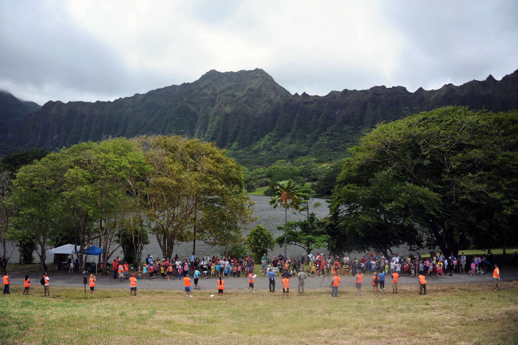 Participants in the 2012 Keiki Fishing Tournament are explained the rules of the tournament before its commencement May 30 at Ho'omaluhia Botanical Gardens in Kaneohe, Hawaii. The fishing tournament was sponsored by the Friends of Hickam, a group of community leaders who facilitate between the 15th Wing at Joint Base Pearl Harbor-Hickam, Hawaii, and the Hawaii community seeking to support, promote, and foster stronger community relations with those associated with the 15th Wing. (U.S. Air Force photo by Staff Sgt. Nathan Allen)
