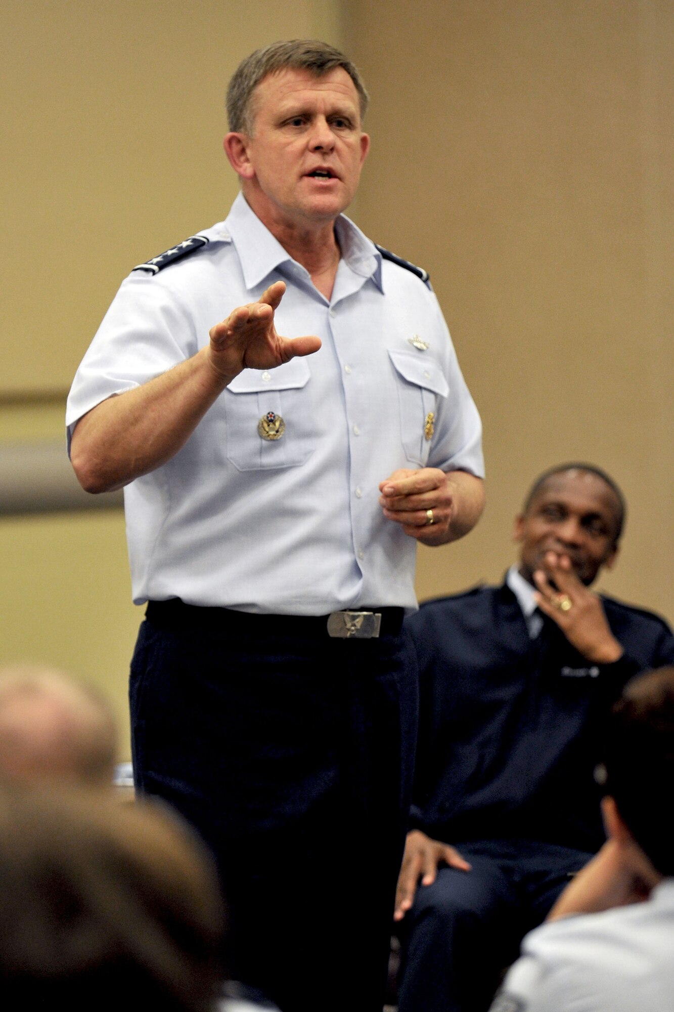 U.S. Air Force Assistant Vice Chief of Staff Lt. Gen. Frank Gorenc speaks during the Air Force District of Washington Capital Airmen Course May 21 at Joint Base Andrews, Md.  The general told the audience it is their job to learn the mission and then share it with their Airmen in a way that they can understand and relate. He further challenged the group to look for future leaders in their midst and mold them.  The four-day course was focused on developing junior AFDW leaders by educating them and their spouses about the command and the importance of AFDW’s mission.  (U.S. Air Force photo by Tech. Sgt. Raymond Mills)