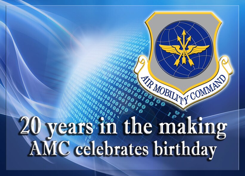 Twenty years ago marked the end of an era for the Air Force and the beginning to a new age in air superiority as Air Mobility Command, headquartered at Scott Air Force Base, Ill., celebrates its birth. AMC was created following the deactivation of the Military Airlift Command and Strategic Air Command at the end of the Cold War. (U.S. Air Force graphic by Senior Airman Benjamin Stratton/Released)