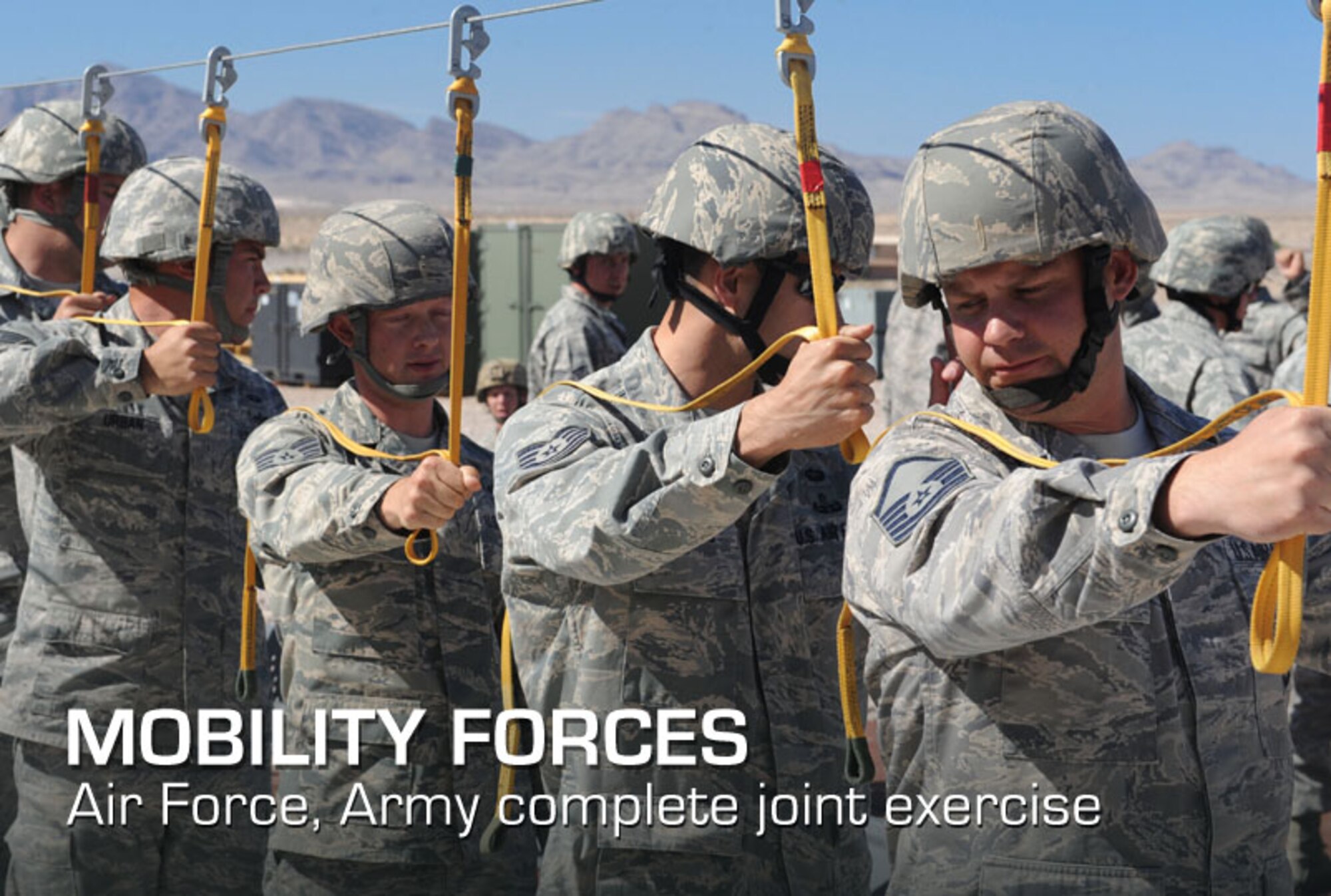 Airmen from the 820th RED HORSE Squadron participate in airborne sustainment training for Mobility Forces Exercise 12A at Nellis Air Force Base, Nev., May 22, 2012. The training prepared Airmen for future deployments with the U.S. Army. (U.S. Air Force photo/Staff Sgt. Ciara Wymbs)