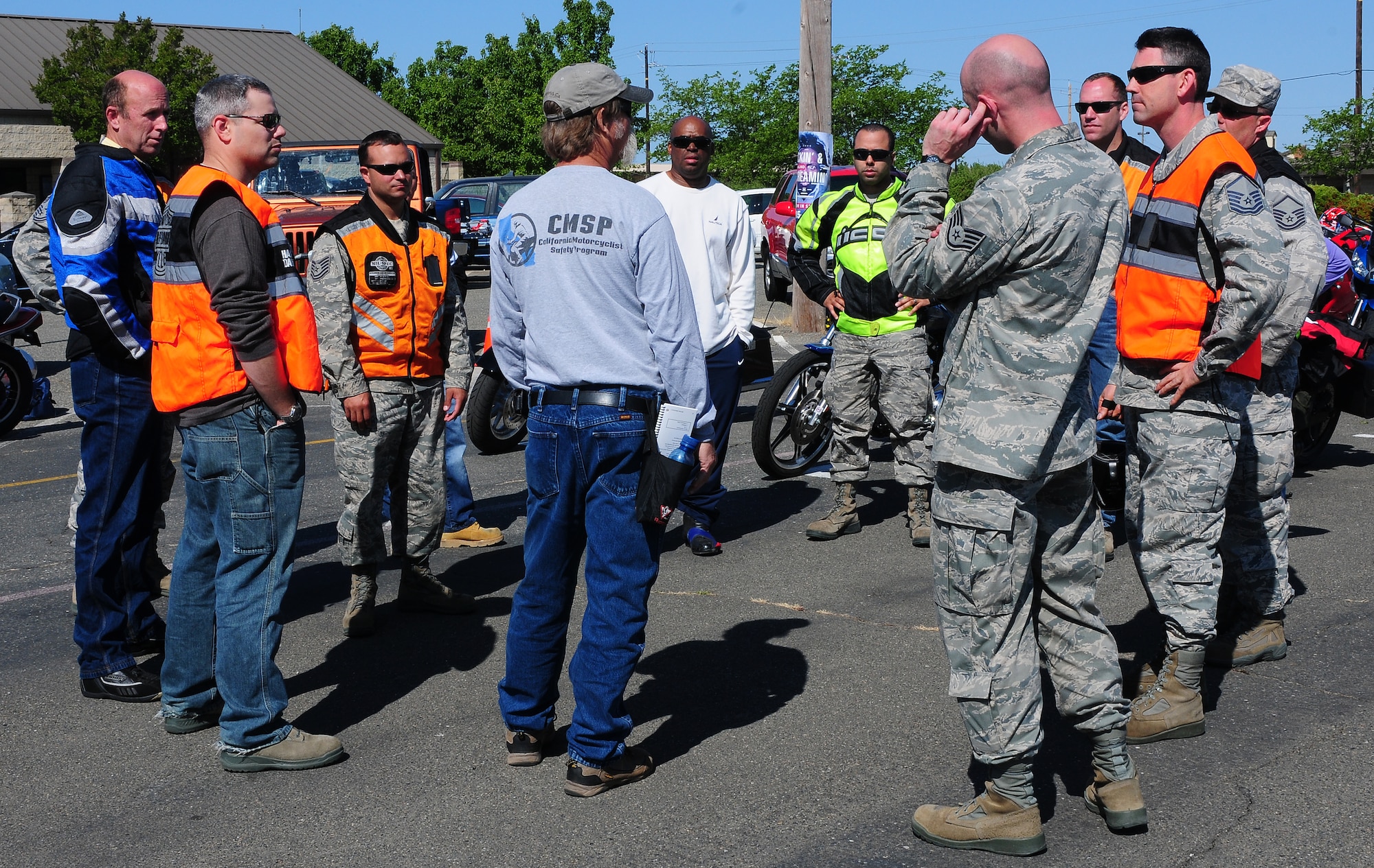 Motorcycle Safety Foundation certified rider coach Kevin Pickerel, 9th Civil Engineering Squadron structures carpenter, instructs Basic Riders Course II students at Beale Air Force Base, May 23, 2012.  BRC II is similar to the BRC offered at Yuba College except students ride their own motorcycles. (U.S. Air Force photo by Senior Airman Allen Pollard/Released)