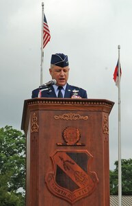 U.S. Air Force Maj. Gen. Lawrence Wells praises members of the 4th Fighter Wing on their outstanding effort and tireless commitment during the change of command ceremony on Seymour Johnson Air Force Base, N.C., June 1, 2012. Wells was the presiding official for the 4th FW change-of-command ceremony. Wells is the 9th Air Force commander. (U.S. Air Force photo/Airman 1st Class Aubrey Robinson/Released)