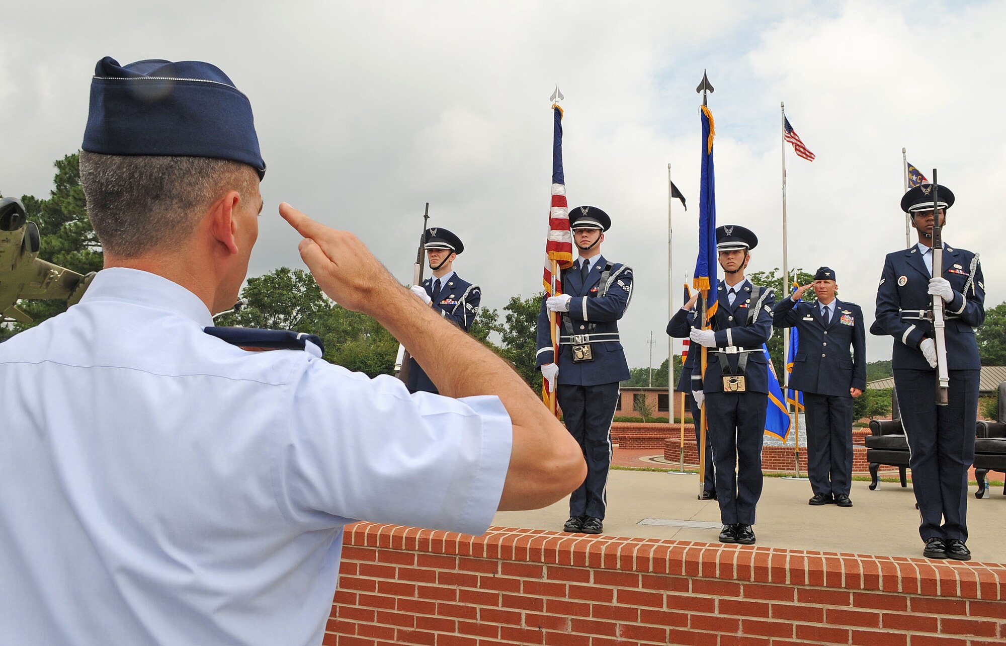 U.S. Air Force Col. Brian Kirkwood, Commander of Airmen renders a salute during a change of command ceremony on Seymour Johnson Air Force Base, N.C., June 1, 2012. Kirkwood is the 4th Operations Group commander. (U.S. Air Force photo/Airman 1st Class Aubrey Robinson/Released)