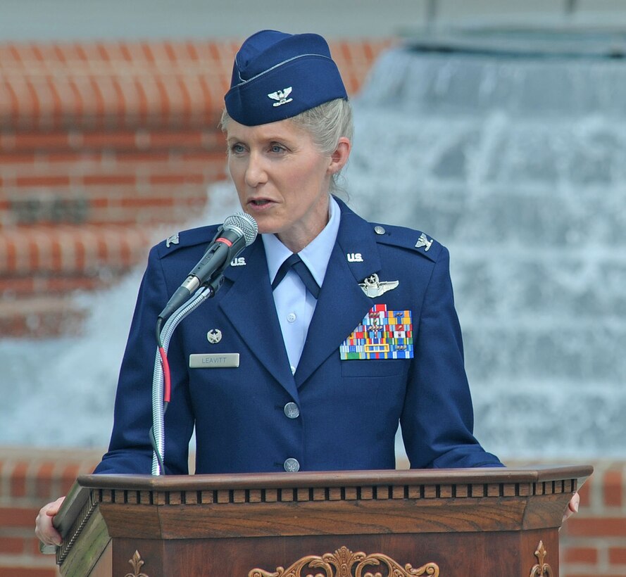 U.S. Air Force Col. Jeannie Leavitt speaks to the crowd during the wing change of command ceremony on Seymour Johnson Air Force Base, N.C., June 1, 2012. Leavitt is the first female to command an Air Force fighter wing. Since becoming the first mission-qualified female fighter pilot, she has logged more than 2,500 hours in the F-15E Strike Eagle. Leavitt is the 4th Fighter Wing commander.  (U.S. Air Force photo/Tech. Sgt. Colette Graham/Released)