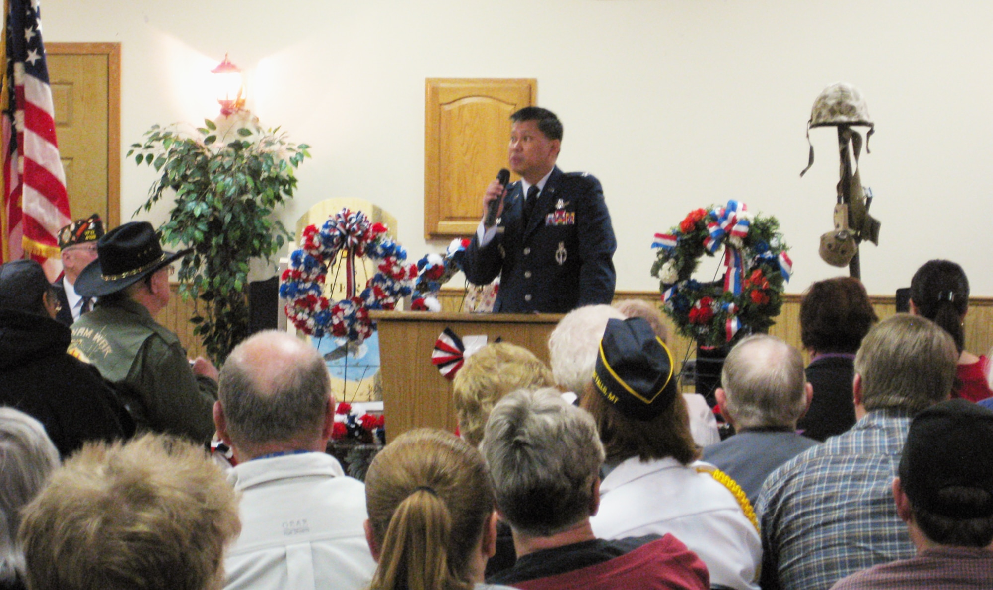 Col. H.B. Brual, 341st Missile Wing commander, addresses the crowd at the VFW post 1087 on May 28. He served as the keynote speaker for the Memorial Day celebration, which was attended by a large crowd of veterans and supporters. (U.S. Air Force photo/1st Lt. Chase McFarland)