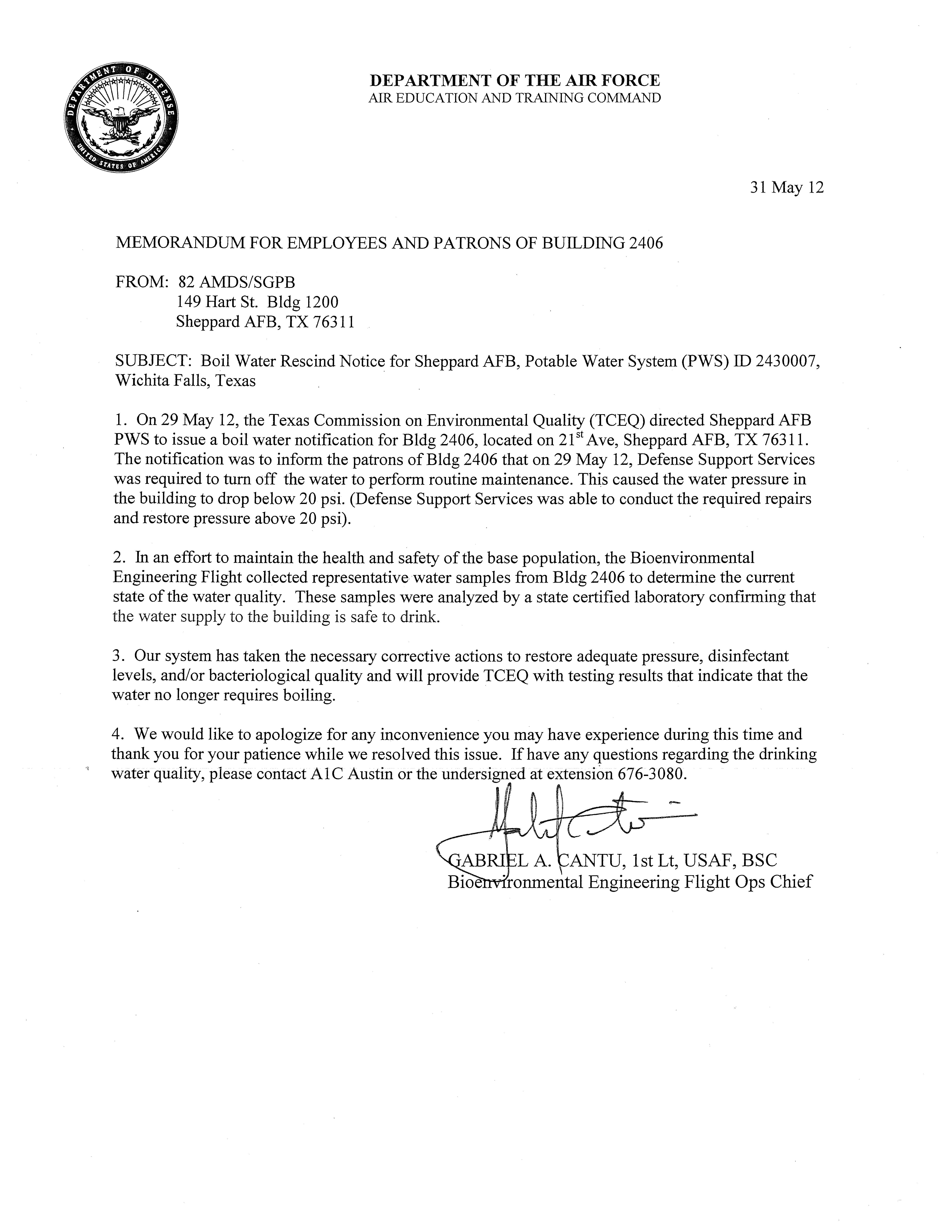 Boil Water Rescind Notice Bldg 2406 > Sheppard Air Force Base > Article ...