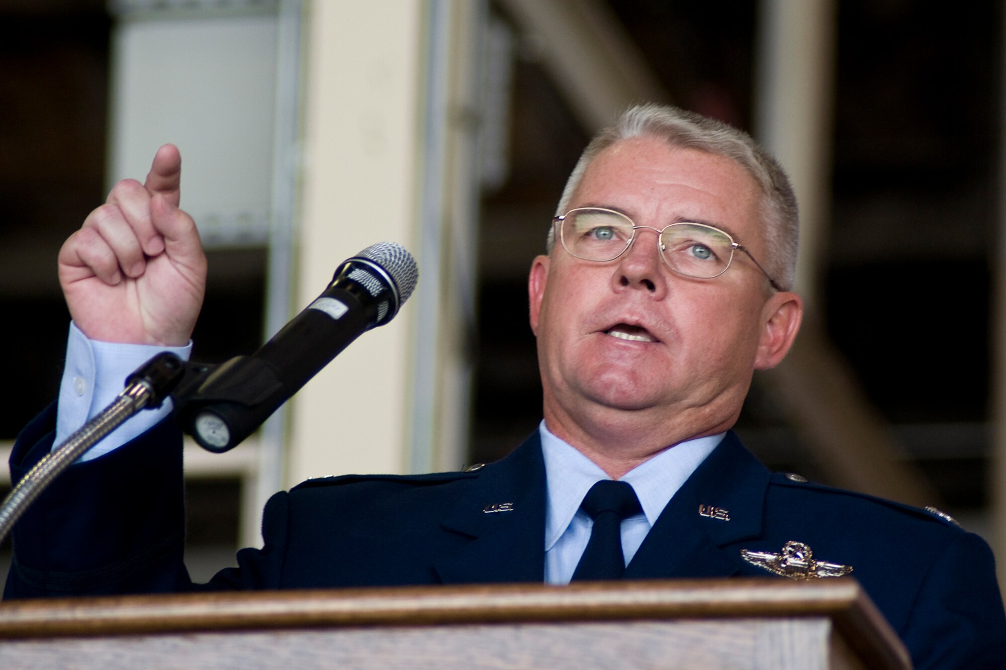GRISSOM AIR RESERVE BASE, Ind. -- Col. Donald Buckley, the new 434th Air Refueling Wing commander, tells members of the 434th ARW that he will take care of them as they take care of the mission during his first address to the unit May 19. In his new role, Buckley commands the largest KC-135R unit in the Air Force Reserve Command with over 1,900 military, civilian and contract personnel. (U.S. Air Force photo/Tech. Sgt. Mark R. W. Orders-Woempner)
