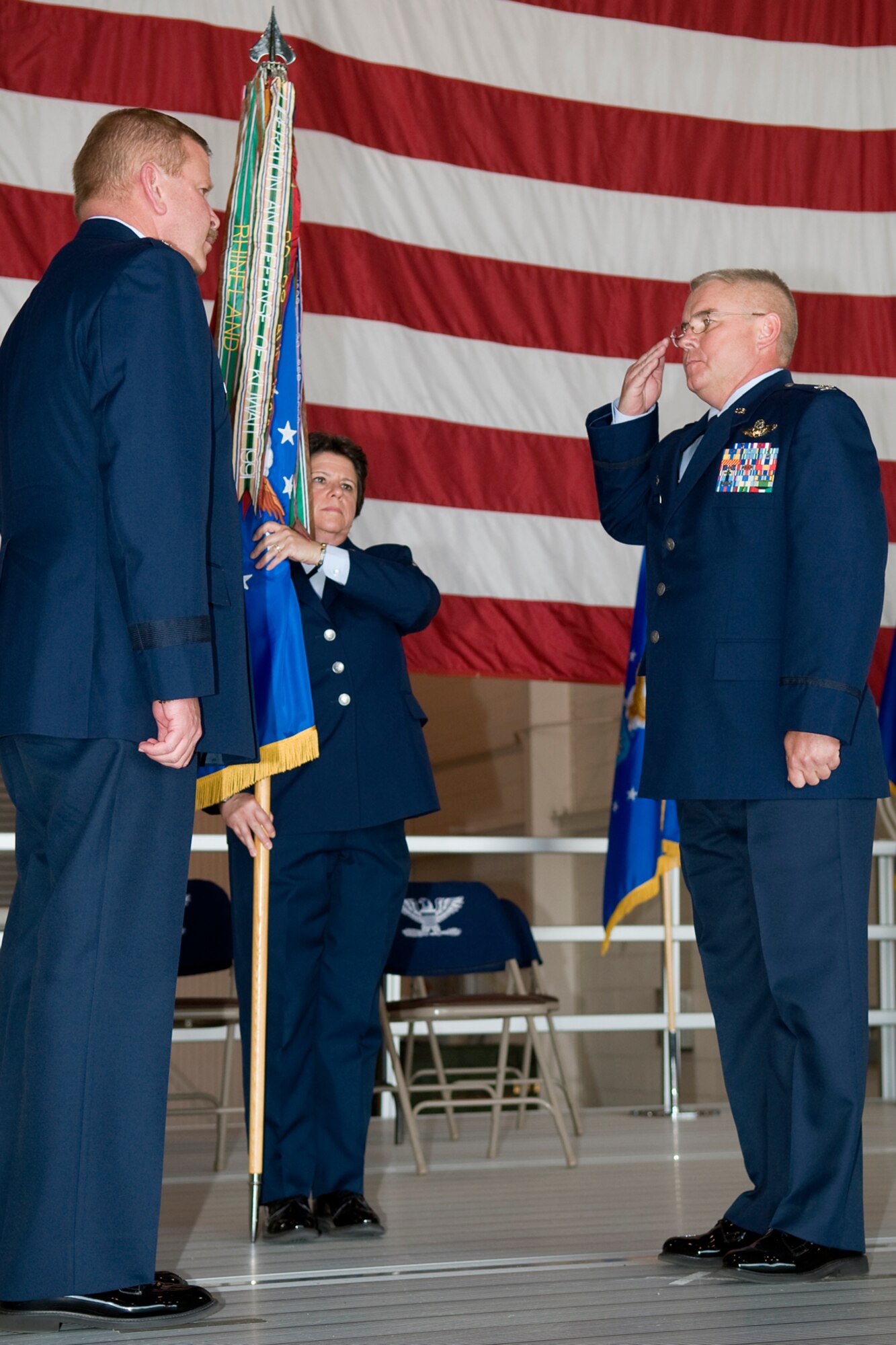 GRISSOM AIR RESERVE BASE, Ind. -- Col. Donald Buckley, right, salutes Maj. Gen. Mark Kyle, 4th Air Force commander, as he takes command of the 434th Air Refueling Wing during a special change of command ceremony here May 19.  In his new role, Buckley commands the largest KC-135R unit in the Air Force Reserve Command with over 1,900 military, civilian and contract personnel. (U.S. Air Force photo/Tech. Sgt. Mark R. W. Orders-Woempner)
