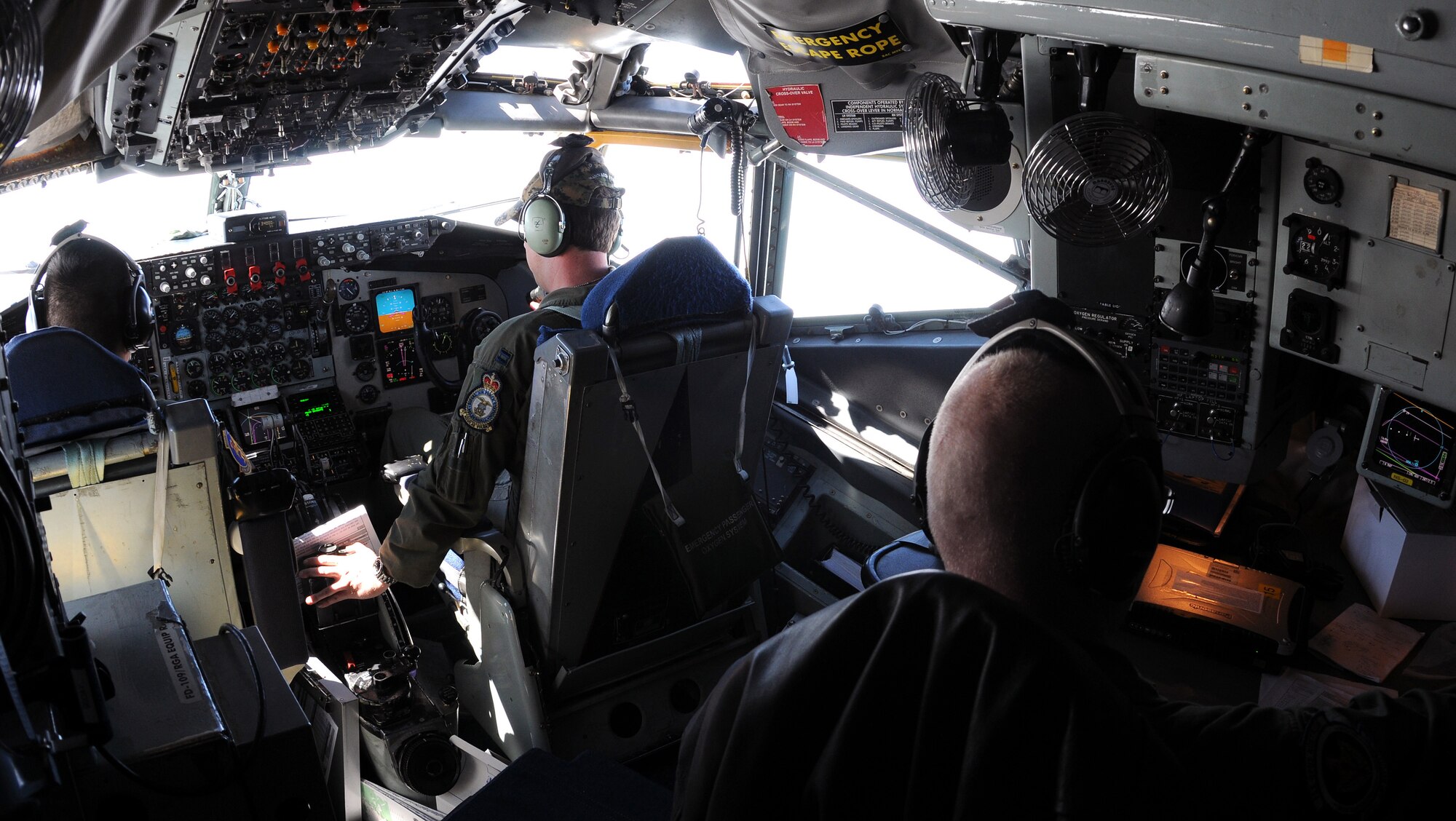 RAF MILDENHALL, England -- Crew members of Quid 60, a KC-135 Stratotanker supporting Baltic Region Training Event XII, make final approach preparations before concluding their mission May 30, 2012. The NATO exercise included support from several countries including the United States, France, Estonia and Latvia. (U.S. Air Force photo/Staff Sgt. Thomas Trower)