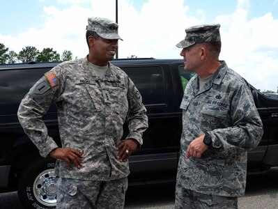 Army Lt. Gen. Vincent Brooks, Third Army commanding general, is greeted by Col. Richard McComb, Joint Base Charleston commander, at the JB Charleston – Weapons Station May 23, 2012. Brooks visited JB Charleston to get a first-hand look at the military functions that are unique to this base. (U.S. Air Force photo/Airman 1st Class Ashlee Galloway)