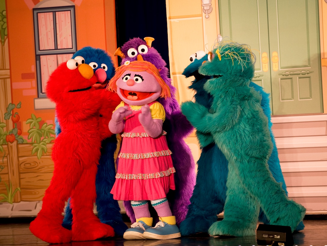 The Sesame Street cast takes center stage during a performance at the Reel Time Base Theater on May 21.  Joint Base Andrews families and their children were treated to 30-minute shows by the full cast on May 21 and 22. (Photo/Bobby Jones) 