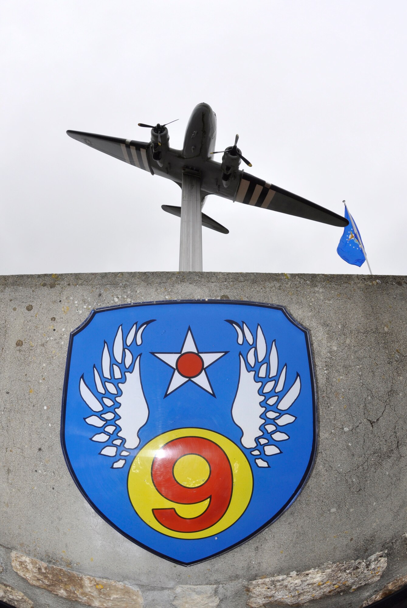A model of a C-47 Skytrain sits atop a memorial June 1, 2012, in Picauville, France. The memorial pays tribute to Airmen of the 9th Air Force and 82nd and 101st Airborne paratroopers who lost their lives when their C-47 aircraft were brought down by German anti-aircraft artillery in the early morning hours of June 6, 1944. The aircraft and aircrews paid the ultimate sacrifice supporting the famous Normandy D-Day invasion of France. Members of the Air Force Reserve Command's 302nd, 910th and 440th Airlift Wings took part in this year's 68th Anniversary commemoration of the historic invasion. (U.S. Air Force photo/Staff Sgt. Stephen J. Collier)
