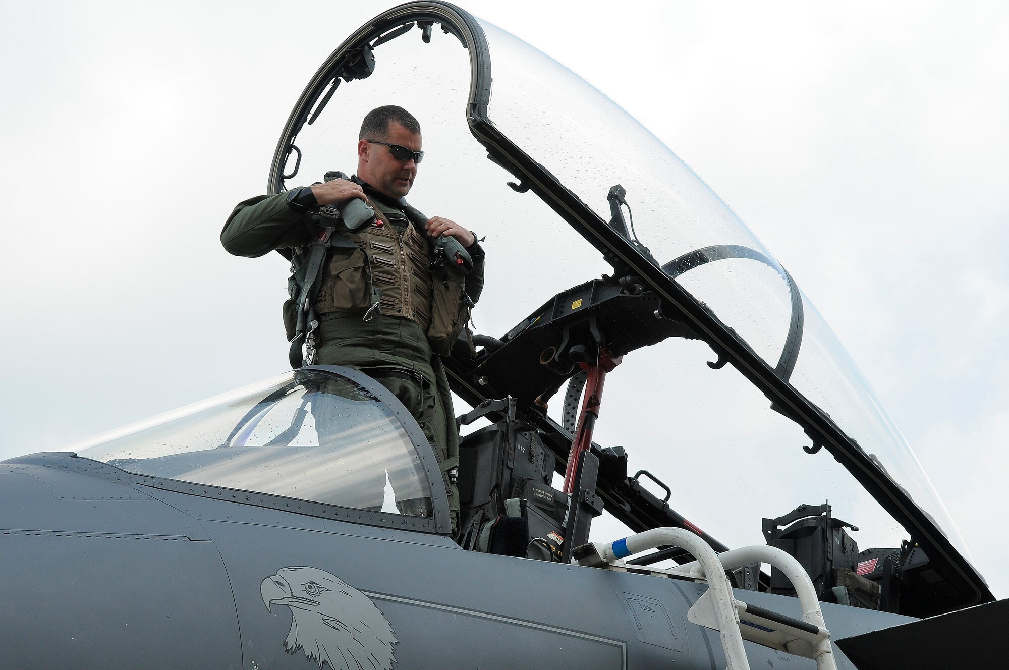 ROYAL AIR FORCE LAKENHEATH, England -- Col. Daniel Orcutt, 48th Operations Group commander, prepares to exit an F-15E Strike Eagle he piloted after his "fini" flight May 30, 2012. Orcutt took his final flight after serving two years as the 48th OG commander. (U.S. Air Force photo by Staff Sgt. Connor Estes)