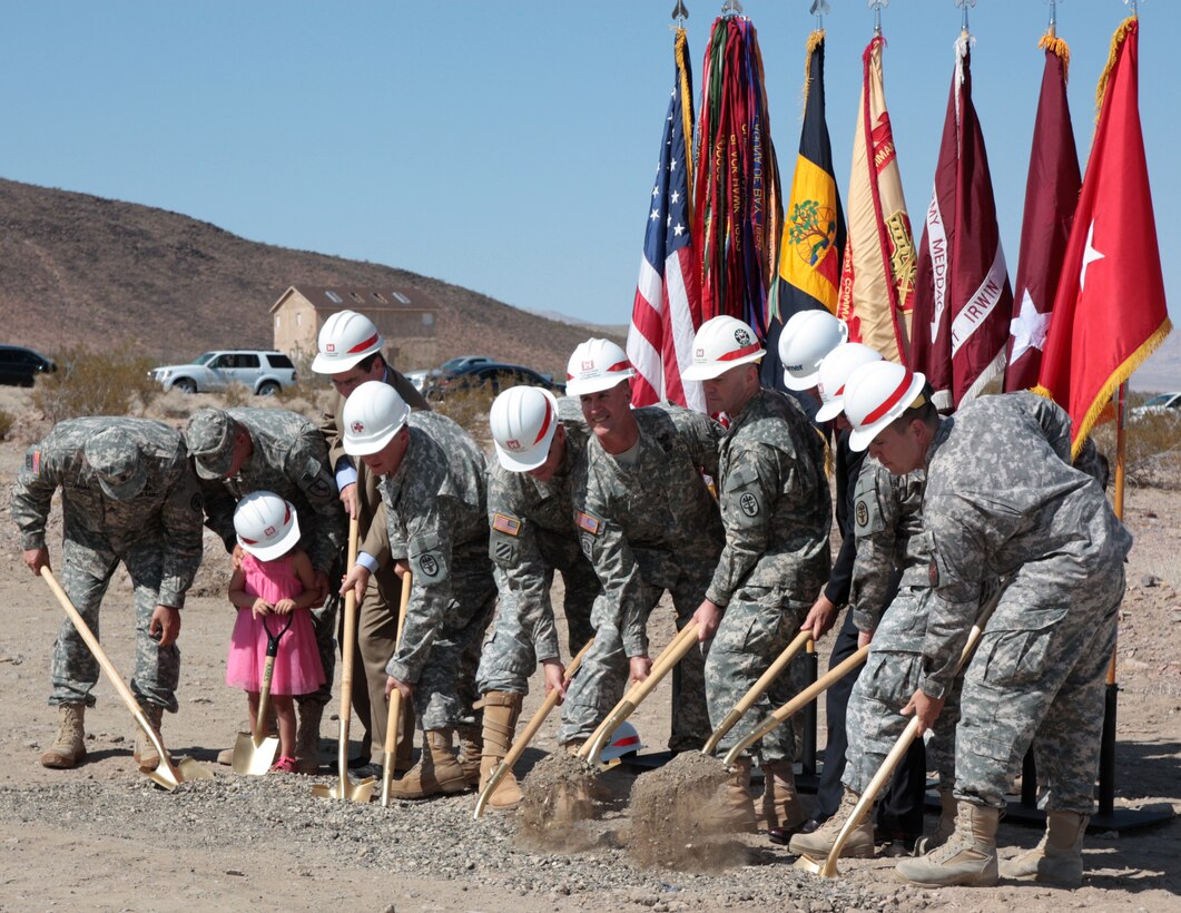 Brig. Gen. Mike Wehr (right center), U.S. Army Corps of Engineers South Pacific Division commander, breaks ground for the 216,000 square-foot Weed Army Community Hospital May 30. On Wehr's left is Maj. Gen. 
Richard Thomas from the Army's Western Medical Command. The new facility is to be the first net-zero, carbon neutral medical facility in the nation.