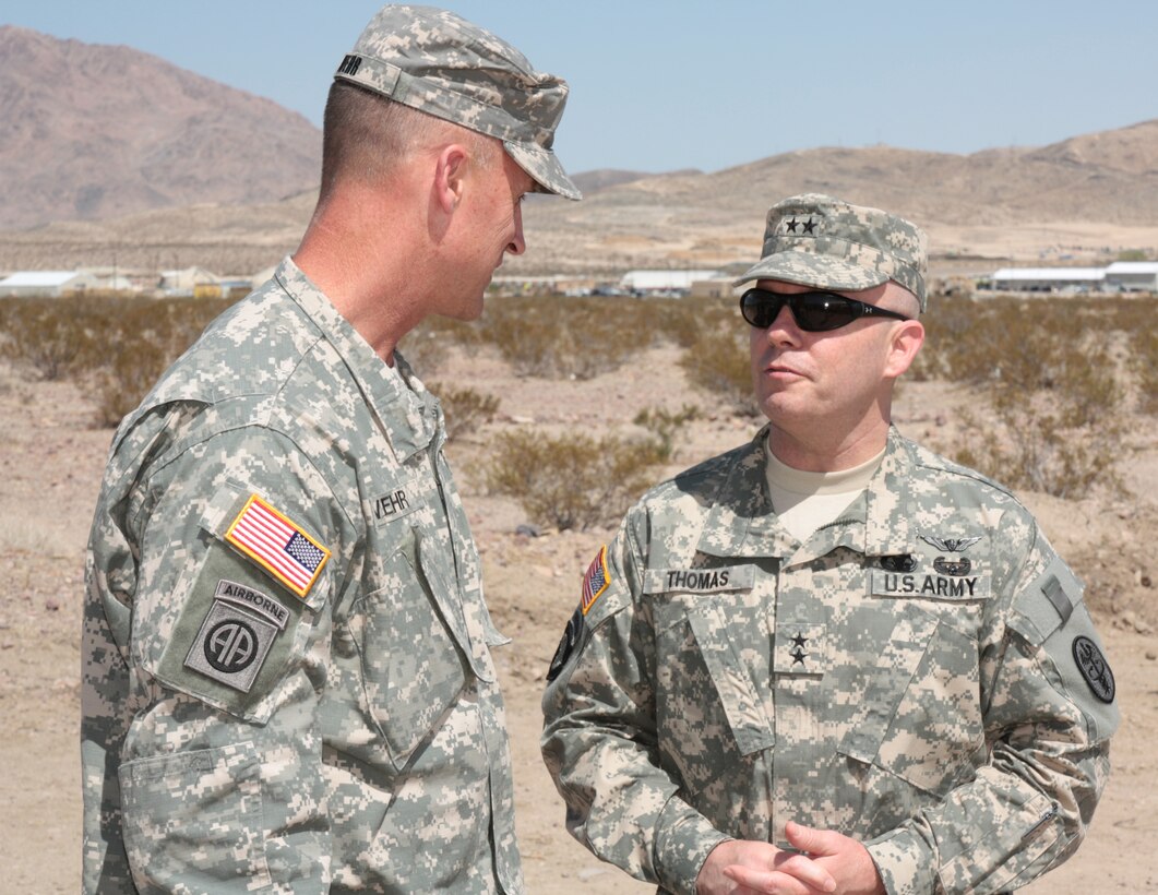 Maj. Gen. Richard Thomas (right) from the Army's Western Medical Command speaks with Brig. Gen. Mike Wehr, U.S. Army Corps of Engineers South Pacific Division commander, during groundbreaking ceremonies held May 30. The 216,000 square-foot Weed Army Community Hospital is to be the first net-zero, carbon neutral medical facility in the nation.
