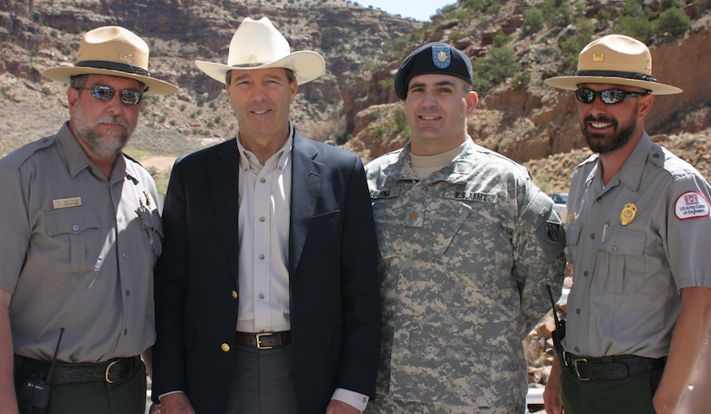 At the ceremony celebrating the new low-flow turbine at Abiquiu was (L to R), Operations Project Manager Dave Dutton, Senator Tom Udall, Deputy Commander Maj. Richard
Collins and Abiquiu Park Ranger Eric Garner.
