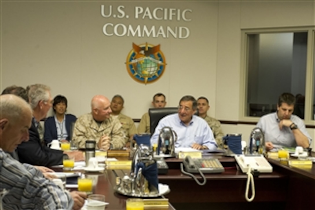Secretary of Defense Leon E. Panetta gives his opening remarks before a brief with U.S. Pacific Command Deputy Commander Lt. Gen. Thomas L. Conant in the U.S. Pacific Command Headquarters at Camp Smith, Hawaii, on May 31, 2012.  Panetta is on a ten-day trip to the Asia-Pacific to meet with defense counterparts.  