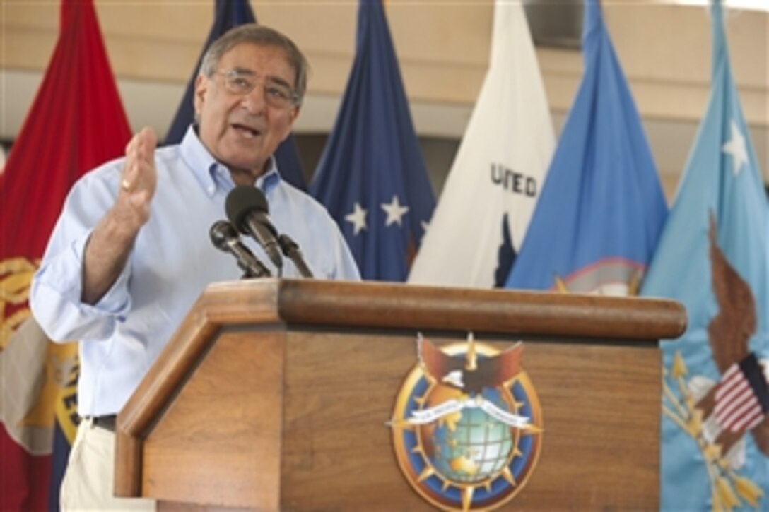 Secretary of Defense Leon E. Panetta speaks to service members and civilian employees of the United States Pacific Command at Camp H.M. Smith, Hawaii, on May 31, 2012.  Panetta is on a ten-day trip to the Asia-Pacific to meet with defense counterparts.  