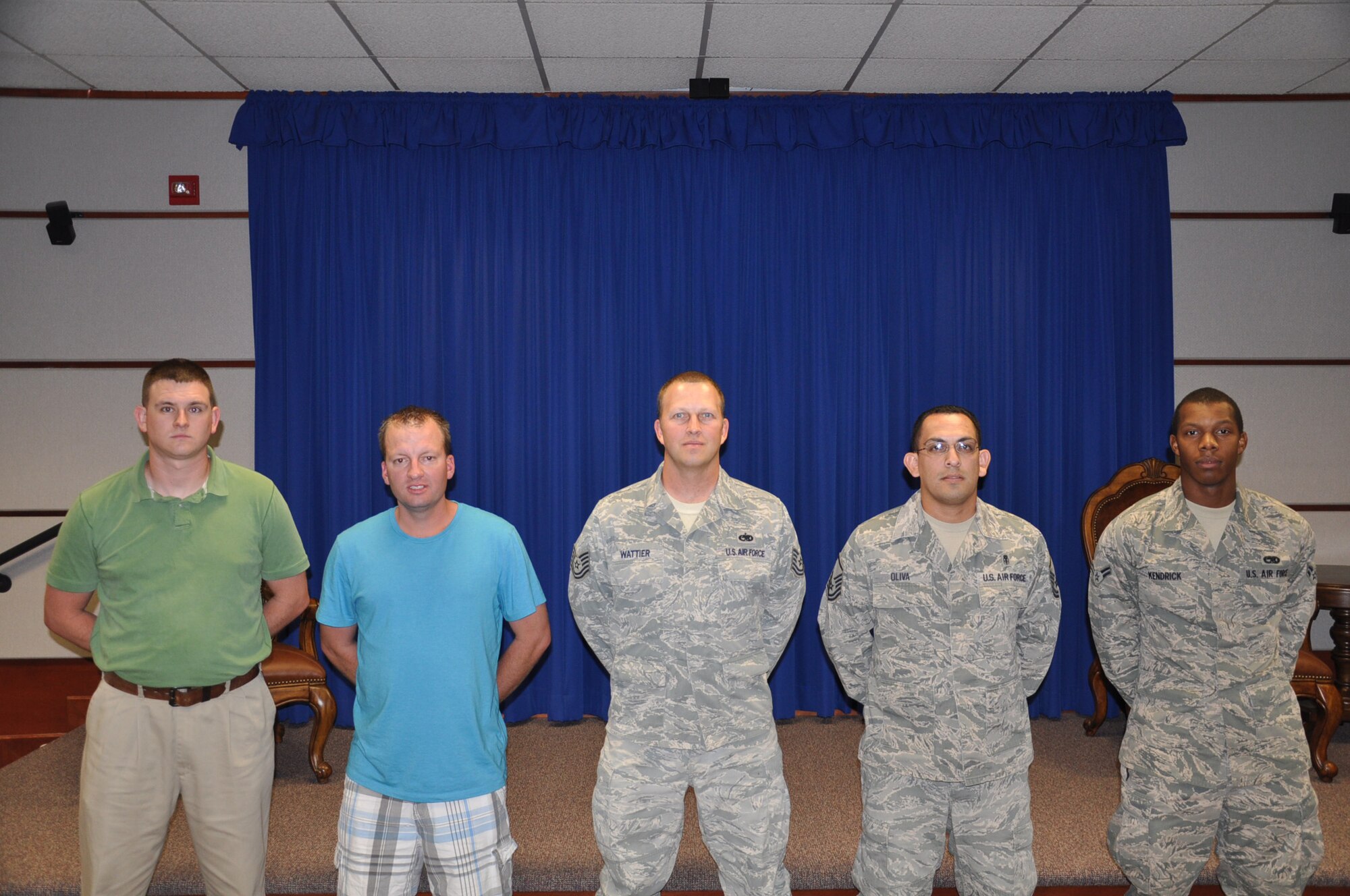 The 931st Air Refueling Group welcomed newcomers to the unit during the unit training assembly, June 2. Left to right are: Airman 1st Class Christopher Newkirk, Senior Airman William Baker, Tech. Sgt. Neil Wattier, Master Sgt. Renato Oliva and Airman 1st Class Alexander Kendrick. (Official Air Force photo by Tech. Sgt. Brannen Parrish)