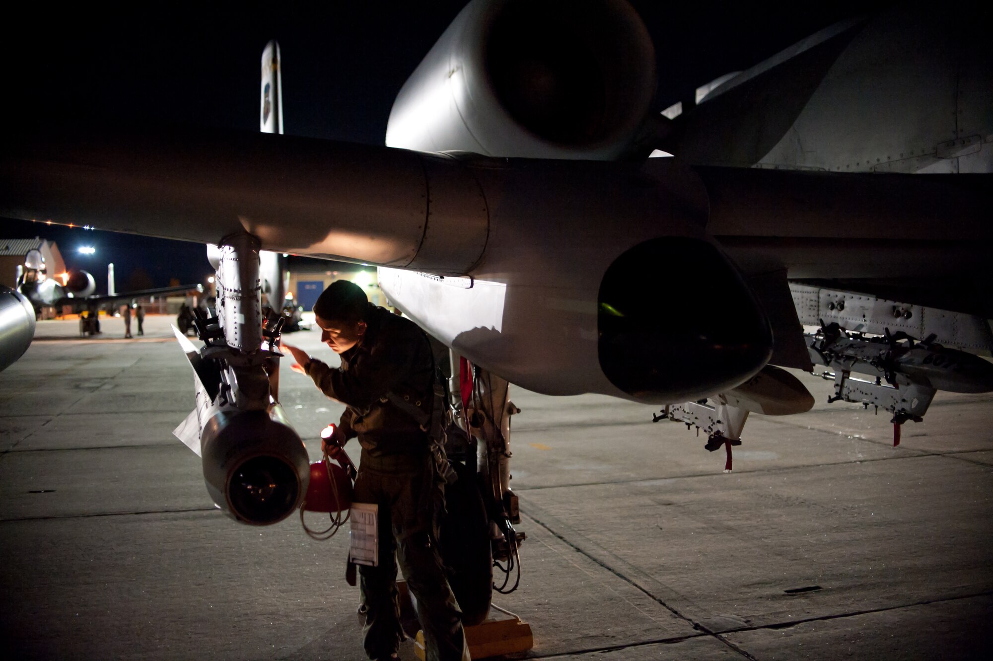 Instructors from the 66th Weapons Squadron (WS), along with students enrolled in the United States Air Force Weapons School, and pilots with the 190th Fighter Squadron (FS) prepare to take off on a night mission in their A-10 Thunderbolt IIs from Gowen Field, Boise, Idaho on November 10. The 66th WS, stationed at Nellis Air Force Base, Nevada, is conducting USAF Weapons School training from Gowen Field, in conjunction with A-10s from the 190th FS, and other agencies and units, providing realistic training opportunities in nearby ranges.  (U.S. Air Force by Staff Sgt. Robert Barney)