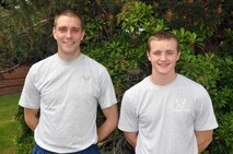 MCCHORD FIELD, Wash. - Senior Airman Andrew Moser (left) and Airman Micah Myers, aerial transportation specialists from the 36th Aerial Port Squadron here, jumped into action caring for an injured citizen in Lakewood, Wash., June 2.  Moser and Myers had just finished a hard-day’s work when they saw a man fall and hit his head from a possible seizure along Bridgeport Way.  (U.S. Air Force photo by Tech. Sgt. Elizabeth Moody)