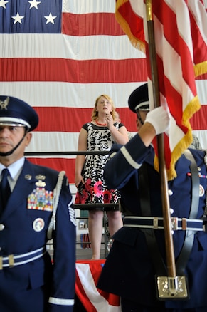 Rachel Hoferitza sings the national anthem at the opening ceremony of the 151st Air Refueling Wing's 2012 Airman Appreciation Day at the Utah Air National Guard base in Salt Lake City, June 2 2012.  (U.S. Air Force Photo by Tech. Sgt. Jeremy Giacoletto-Stegall/Released)