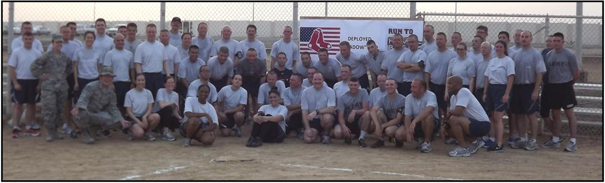 On May 20th, members of the deployed aviation package, stationed at an undisclosed location in the Middle East, participated in a simultaneous ‘Run for Home Base’, along side the rest of Red Sox Nation...the only difference was the 131 Air Expeditionary Squadron runners didn’t enjoy the cool spring Boston air, they battled 90 degree temperatures at 4:30 in the morning as they ran around their military base, finishing on the home plate of a dust covered softball field.

