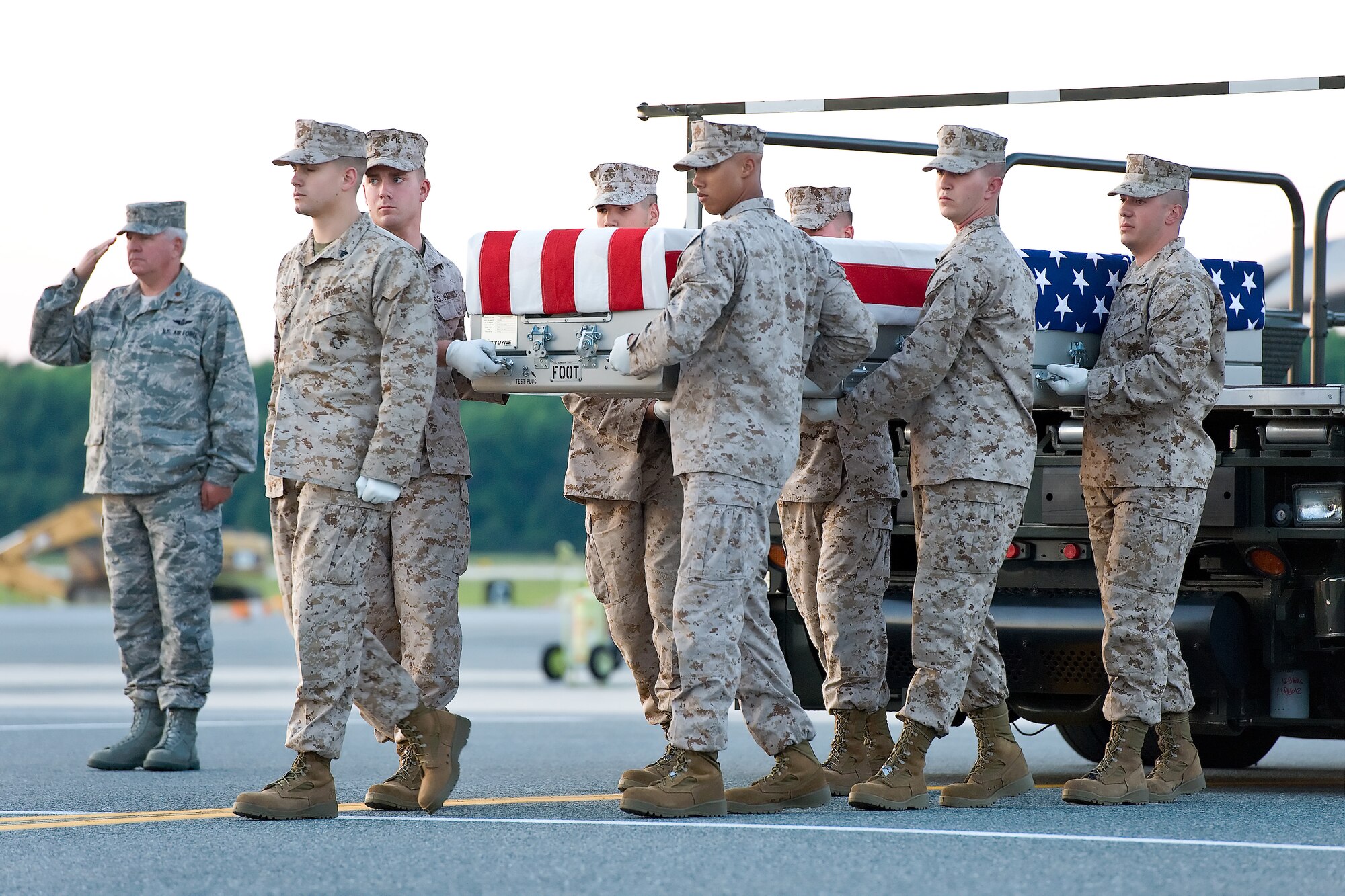 A U.S. Marine Corps carry team transfers the remains of Marine Lance Cpl. Joshua E. Witsman, of Covington, Ind., at Dover Air Force Base, Del., June 2, 2012. Witsman was assigned to 2nd Battalion, 5th Marine Regiment, 1st Marine Division, I Marine Expeditionary Force, Camp Pendleton, Calif. (U.S. Air Force photo/Roland Balik)