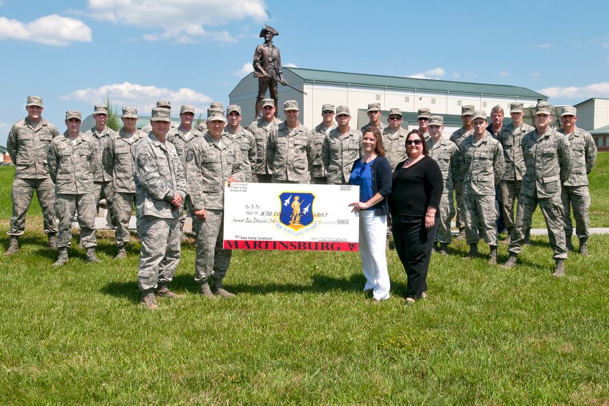 Master Sgt. Kevin Goulet and Master Sgt. Bradly Teter, both from the 167th Aircraft Structural Maintenance Shop, presented Christy Miller, 167th Family Readiness President, and Sherry Lewis, manager of the 167th Airman and Family Readiness Program, with a check for $2000 to be used as scholarship money for the West Virginia National Guard’s Kids Kamp and Youth Leaders Camp held in Camp Dawson, W.Va., at the end of June. Other members of the Structural Maintenance Shop, involved with the fundraising efforts, stand behind. (Air National Guard photo by Airman 1st Class Nathanial Taylor)
