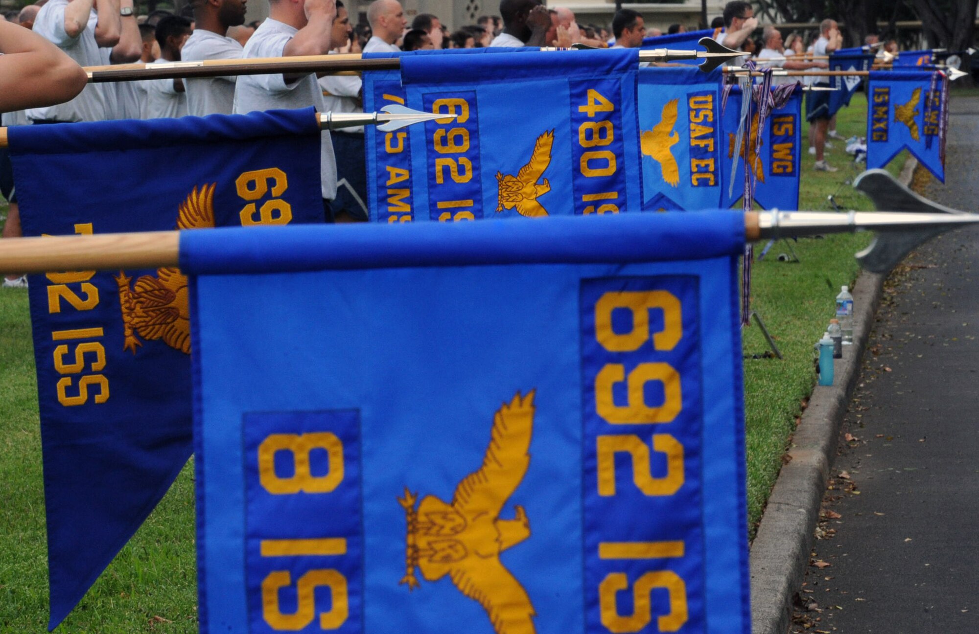 Guidons representing different units across Joint Base Pearl Harbor Hickam, Hawaii, are held at the "present arms" position before the Warrior Run June 1. While the Warrior Run takes place monthly, this run marked the final time Col. Sam Barrett, 15th Wing commander, and Col. Joe Dague, 15th Wing vice commander, would participate while occupying those positions. (U.S. Air Force photo by Staff Sgt. Nathan Allen)