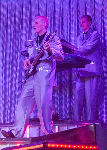 ALAMOGORDO, N.M. – Senior Airman Kyle Willis, and Airman 1st Class Alexander Allred perform at the Tays Center June 1. Willis, an air traffic control journeyman from the 509th Operations Support Squadron from Whiteman Air Force Base, Mo., and Allred, a knowledge operations management journeyman from the 614th Air and Space Operations Center at Vandenberg Air Force Base, Calif., are two of 35 Airmen serving as U.S. Air Force ambassadors in the Air Force’s premier expeditionary entertainment unit. The vocalists, musicians, dancers and technicians in the Tops in Blue 2012 tour are scheduled to perform more than 120 shows in 20 different countries this year. Each year, Air Force personnel stationed worldwide compete in a multilevel competition for the opportunity to be selected as a member of the unique unit. The Tops in Blue team is an all active duty Air Force special unit made up of talented performers selected for their entertainment abilities. Since its first world tour in 1953, the group has also performed on film, produced albums, and appeared on national television. This year’s performance featured songs by The Doobie Brothers, Earth, Wind & Fire, Whitney Houston, Maroon 5, Darius Rucker, Carrie Underwood, Lady Antebellum, The Zac Brown Band, as well as a tribute to the late Michael Jackson. (U.S. Air Force photo by Airman 1st Class Siuta B. Ika/Released)
