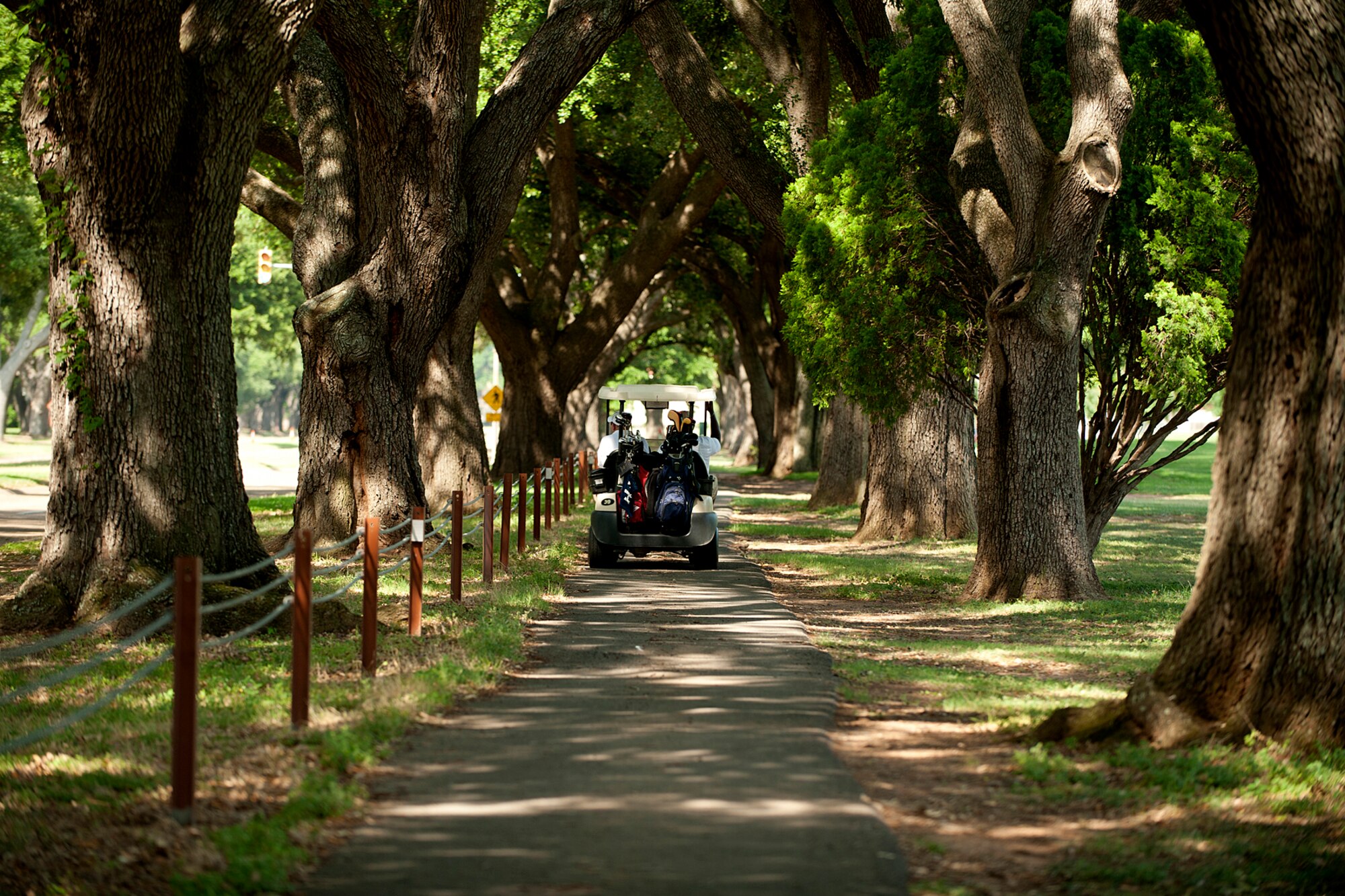 The oak trees that line the Fox Run Golf Course cart paths gave players much needed shade during the Commander’s Cup Golf Tournament, Barksdale Air Force Base, La., June 2, 2012. The annual tournament was hosted by the 307th Bomb Wing and 917th Fighter Group, with more than 100 players participating. (U.S. Air Force photo by Master Sgt. Greg Steele/Released)