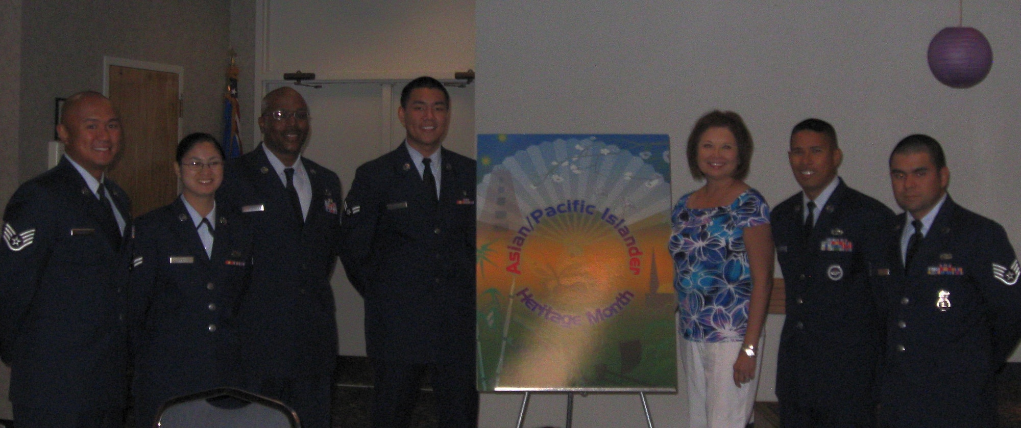 Members of the Asian Pacific American Heritage Luncheon planning committee. Pictured from left to right: SSgt Andrew Maramag, 366 TRS, A1C Pauline Cardenas, 82 CPTS, MSgt Marcus Starks, 372 TRS, A1C Gino Pogoy, 82 MDOS, Ms. Debbie Baldwin, 982 TRG, TSgt Ruben Labrador, 361 TRS, SSgt Jose Deharo, 82 SFS. (U.S. Air Force Photo/Kimberly Dagdag)