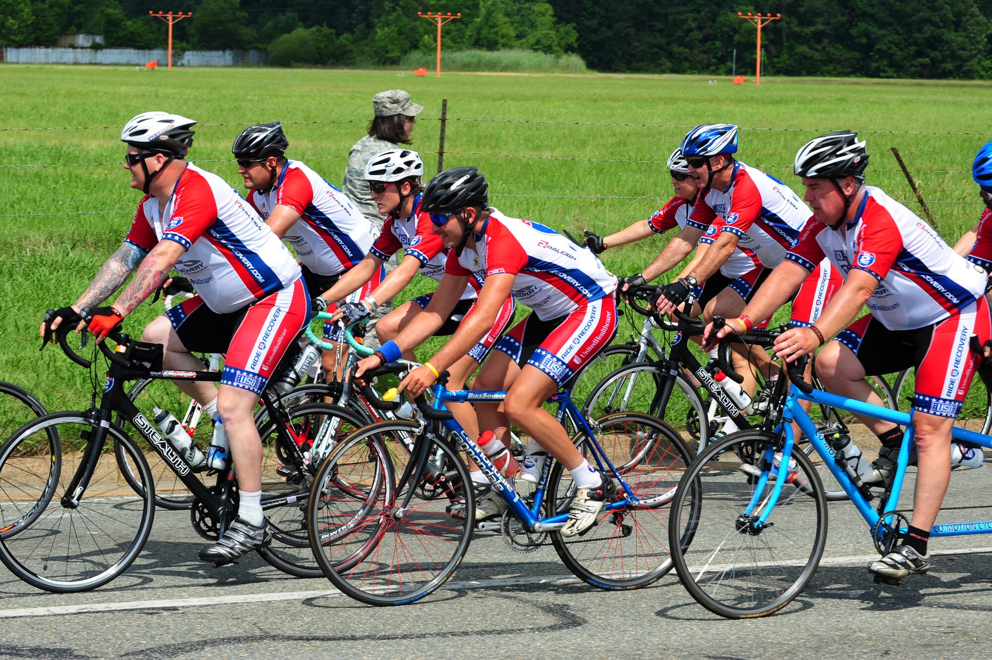 Participants of the Ride 2 Recovery Memorial Challenge pass by Langley Air Force Base, Va., June 1, 2012.  The Challenge was created to make a difference in the lives of veterans by assisting their mental and physical rehabilitation programs.  (U.S. Air Force photo by Airman 1st Kayla Newman/Released)
