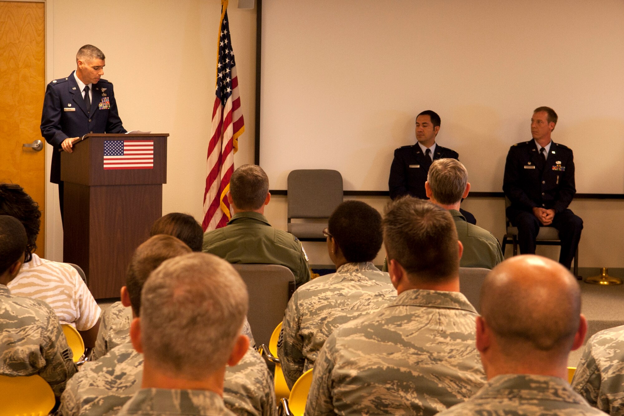 U.S. Air Force Lt. Col. Kenneth Rose, 307th Maintenance Group commander, presides over the Change of Command ceremony for the 307th Maintenance Operations Flight, Barksdale Air Force Base, La., June 3, 2012. U.S. Air Force Maj. Warren Crabtree assumed command of the flight. (U.S. Air Force photo by Master Sgt. Greg Steele/Released)