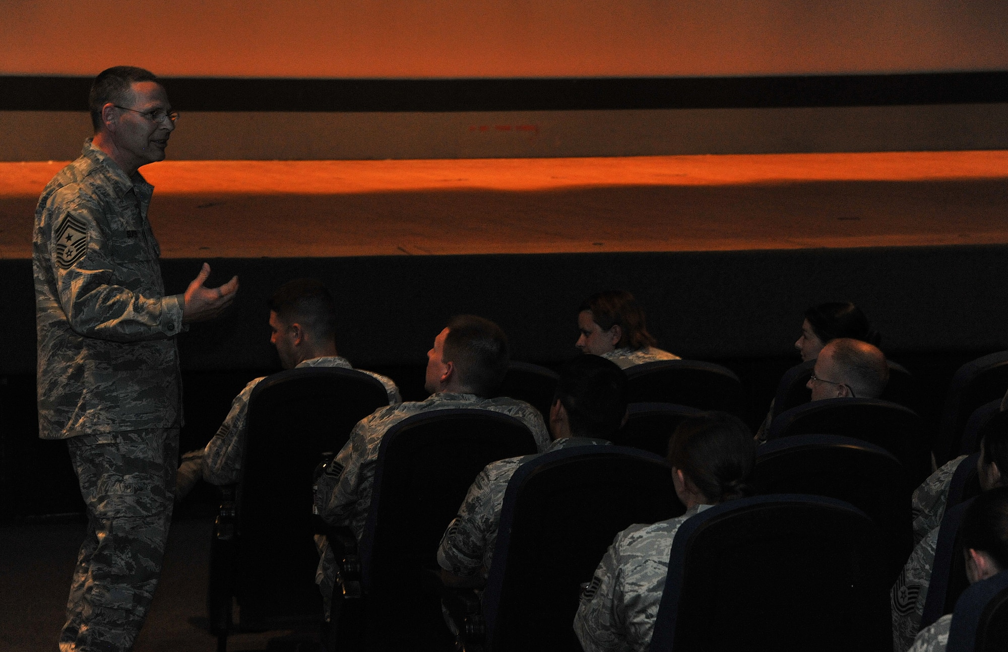 GOODFELLOW AIR FORCE BASE, Texas-- Chief Master Sgt. Kevin Slater, Command Chief U.S. Cyber Command, talks to Team Goodfellow instructors and tells them of their importance in the intelligence community May 30. Chief Slater visited Goodfellow after taking the reins of the U.S. Cyber Command. (U.S. Air Force photo/Airman 1st Class Michael Smith)