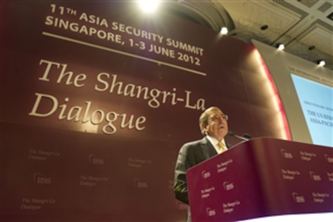 Secretary of Defense Leon E. Panetta opens the plenary session of the Shangri-La Dialogue in Singapore with remarks on how the Department of Defense will implement a new strategy in Asia on June 2, 2012.  Panetta will also hold a series of bilateral and trilateral meetings with Asian allies during the Shangri-La Dialogue.  The conference is part of Panetta's ten-day trip to the Asia-Pacific to meet with defense counterparts.  
