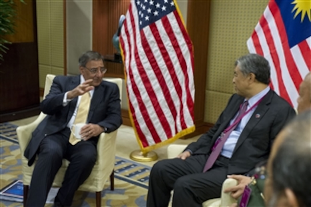 Secretary of Defense Leon E. Panetta meets with Malaysian Minister of Defense Ahmad Zahid Hamidi at the Shangri-La Dialogue in Singapore on June 2, 2012. Panetta is attending the Shangri-La Dialogue and will also hold a series of bilateral and trilateral meetings with Asian allies while there.  The conference is part of Panetta's ten-day trip to the Asia-Pacific to meet with defense counterparts.  