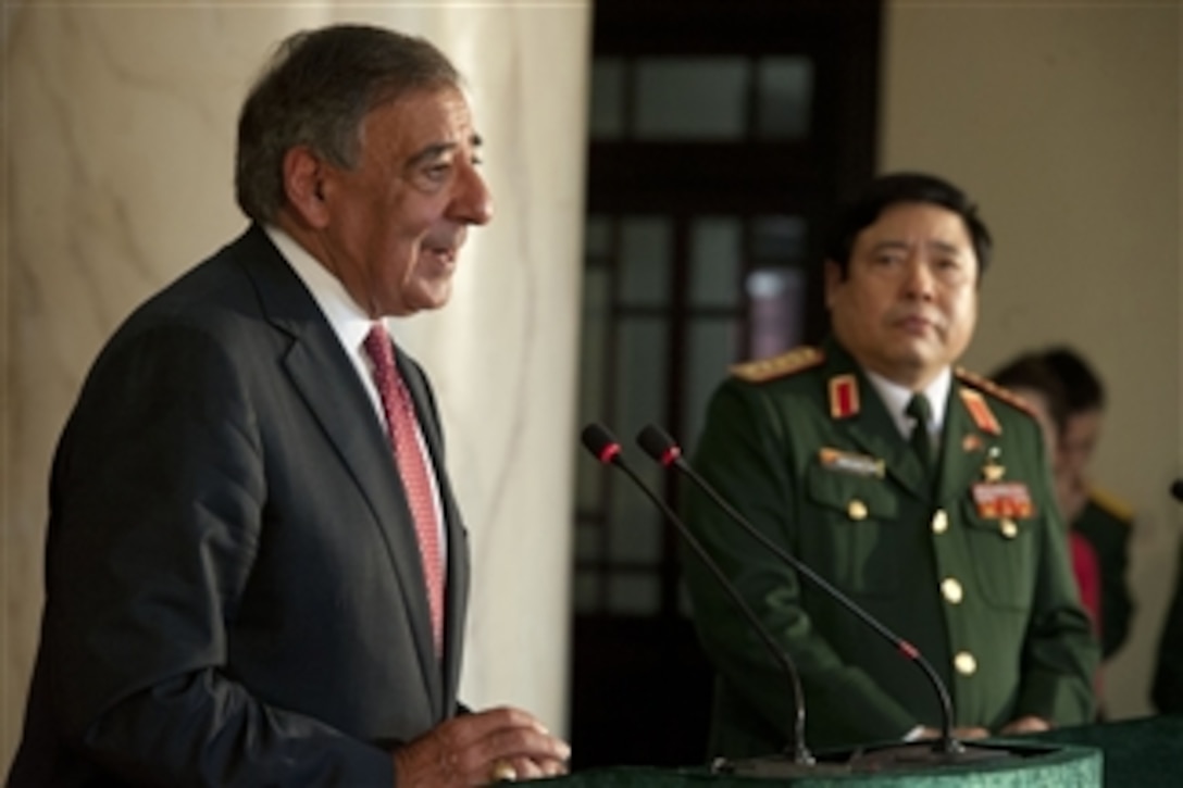 Secretary of Defense Leon E. Panetta and Vietnamese Minister of National Defense Senior Lt. Gen. Phuong Quang Thanh hold a joint press conference in Hanoi, Vietnam, on June 4, 2012. Panetta is on ten-day trip to the Asia-Pacific to meet with defense counterparts.  