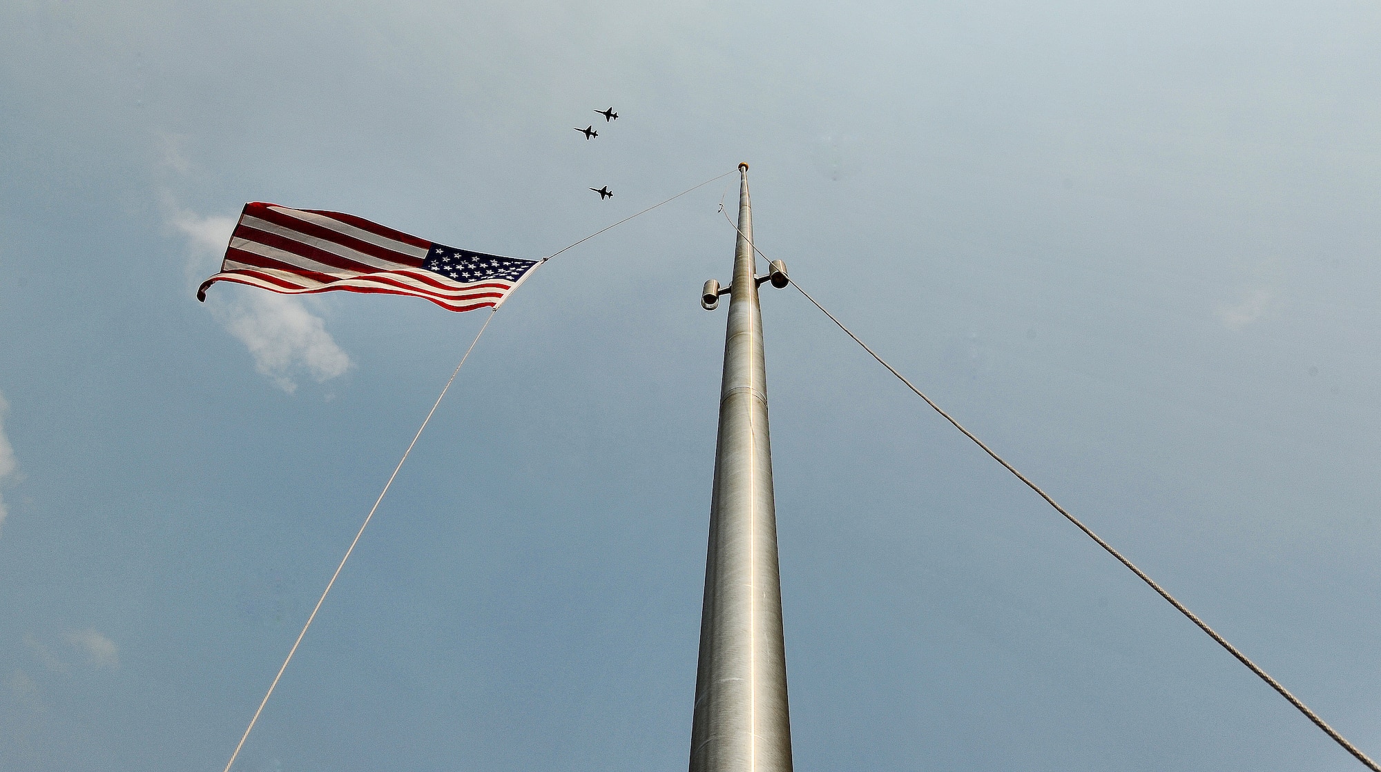 WHITEMAN AIR FORCE BASE, Mo. -- T-38 Talons from the 509th Bomb Wing perform a flyover in a missing-man formation during the playing of the national anthem at a Wing Retreat Ceremony May 24, 2012. The missing-man formation is reserved for appropriate occasions when the theme is solemn and commemorative. (U.S. Air Force photo/Senior Airman Nick Wilson) (Released)