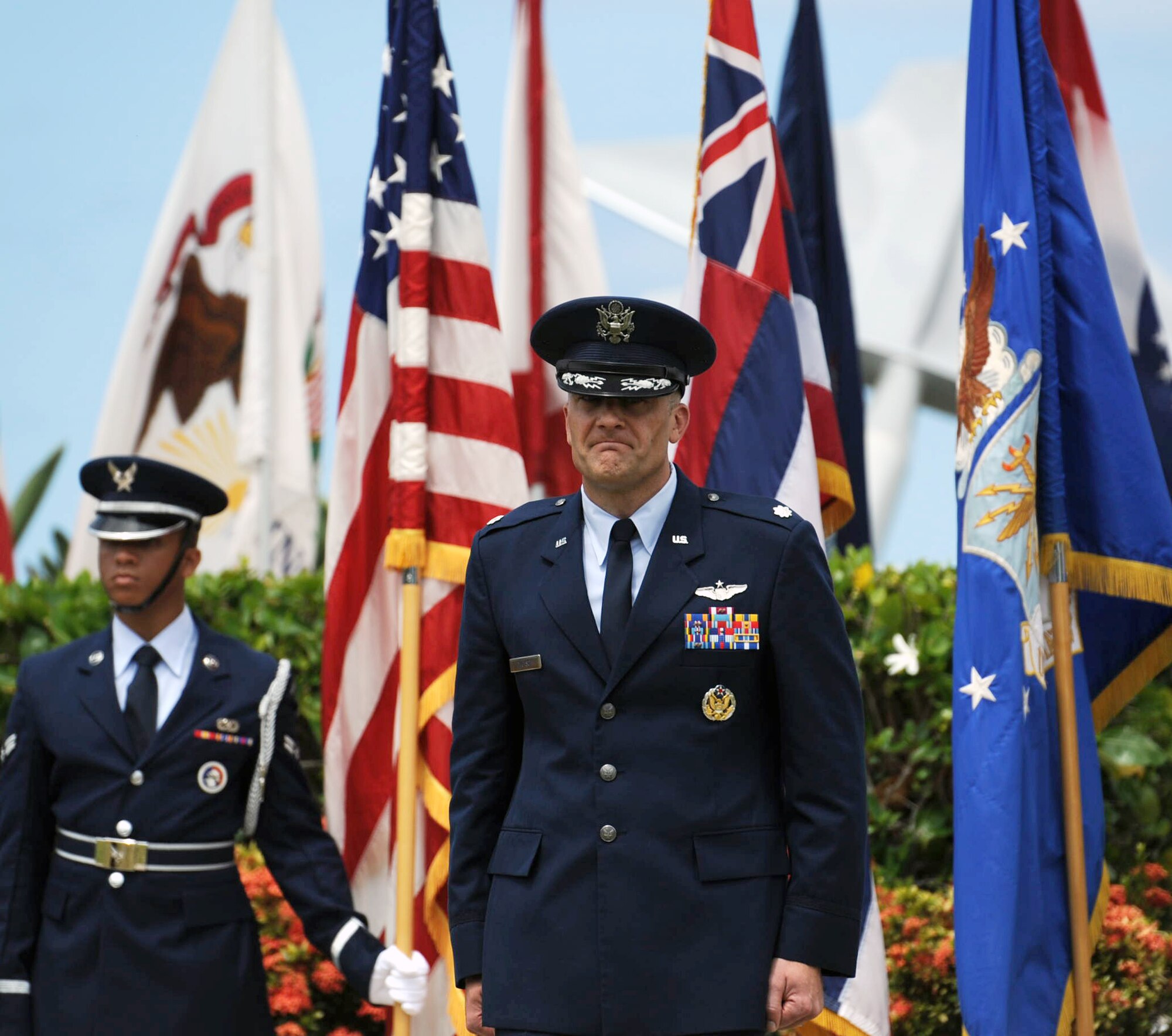 Lt. Col. Brian Deutsch, incoming 96th Air Refueling Squadron commander, stands at attention after being named squadron commander during the 96 ARS Change of Command ceremony June 5 at Joint Base Pearl Harbor-Hickam, Hawaii. The unit has been involved in campaigns around the world including World War II, Pacific Anti-submarine, American Theater, Air Offensive over Japan, Eastern Mandates, Western Pacific, Ryukyus and the China Offensive. (U.S. Air Force photo by Staff Sgt. Nathan Allen)
