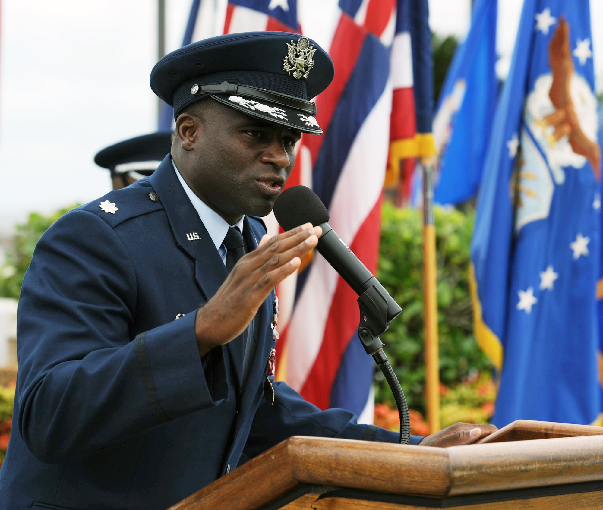 Lt. Col. Brian Hill, outgoing 96th Air Refueling Squadron commander, delivers a speech during the 96 ARS Change of Command ceremony June 5 at Joint Base Pearl Harbor-Hickam, Hawaii. The unit has been involved in campaigns around the world including World War II, Pacific Anti-submarine, American Theater, Air Offensive over Japan, Eastern Mandates, Western Pacific, Ryukyus and the China Offensive. (U.S. Air Force photo by Staff Sgt. Nathan Allen)
