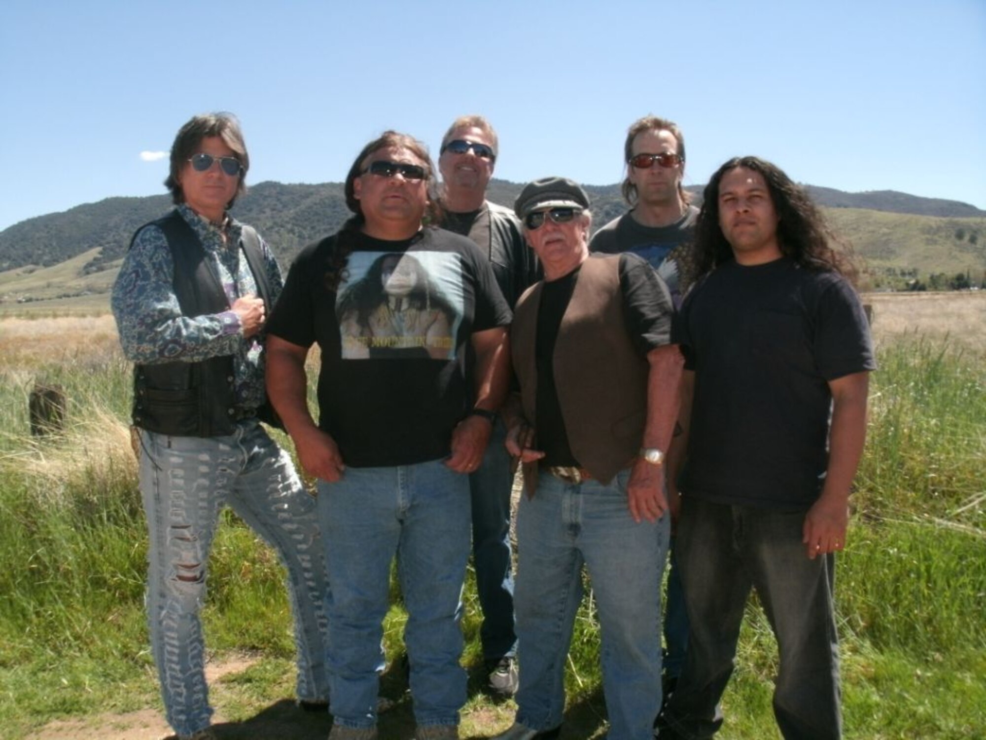 Native American-based Rock & Blues band known as as Blue Mountain Tribe pose for a group photo in Tehachapi, Calif. Three out of the five band members work at Edwards Air Force Base and have been selected as a band to be the opening act for the American heavy metal band Dokken during the Thunder on the Lot event June 9 held once a year in the Antelope Valley. (Courtesy photo)